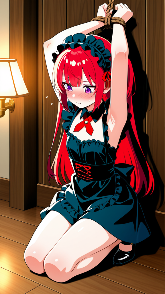 赤髪ロング貧乳メイド 手縛り・拘束_アニメエロ画像 AI エロ画像