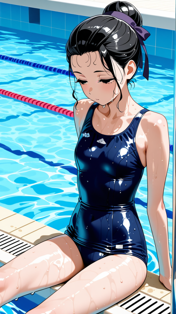 黒髪お団子スレンダー スクール水着_アニメエロ画像 AI エロ画像