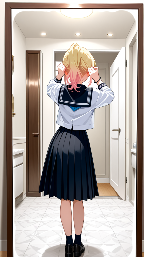 ピンク金髪ポニテールスレンダー 鏡越し_アニメエロ画像 AI エロ画像