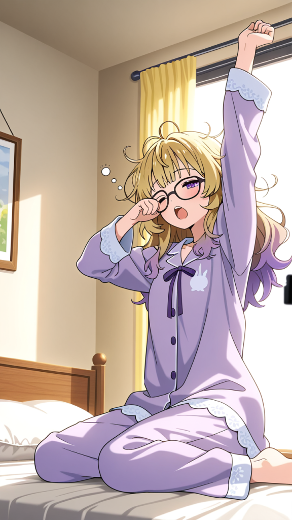 金ピンク内巻きセミロング細身 寝起き・パジャマ_アニメエロ画像 AI エロ画像