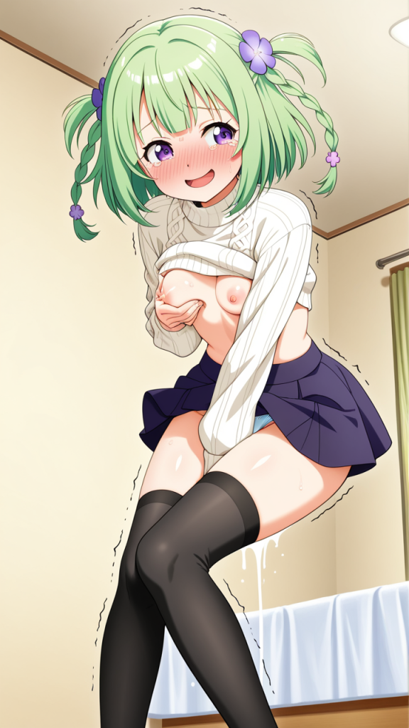 緑髪三つ編み貧乳長身 母乳・ミルク_アニメエロ画像 AI エロ画像