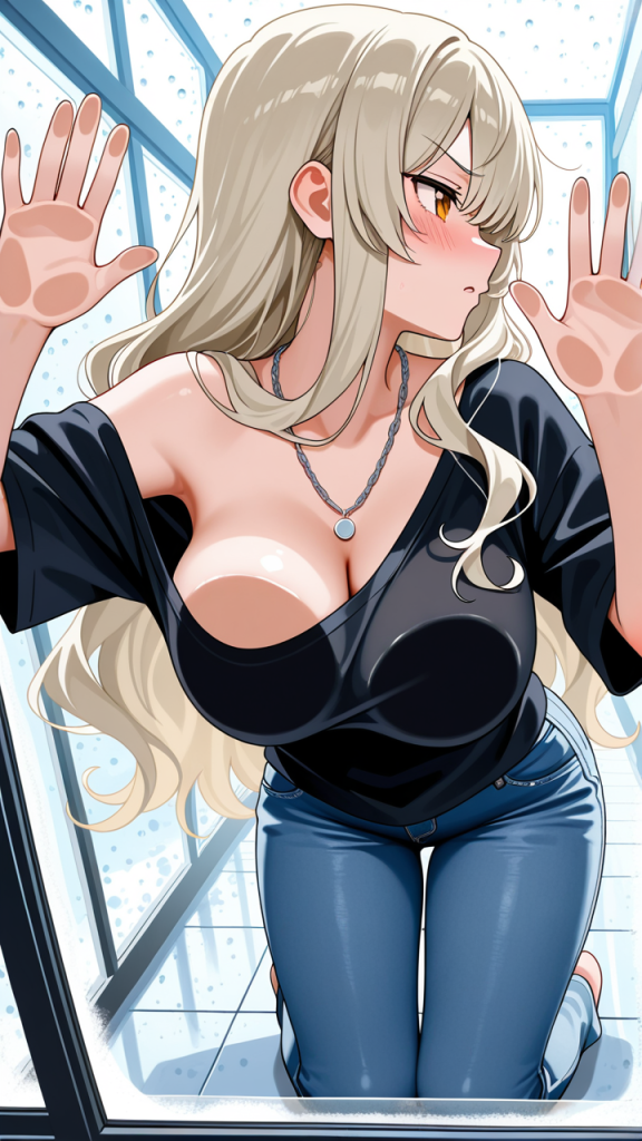 プラチナブロンドウェーブグラマ ガラスおっぱい押し付け_アニメエロ画像 AI エロ画像