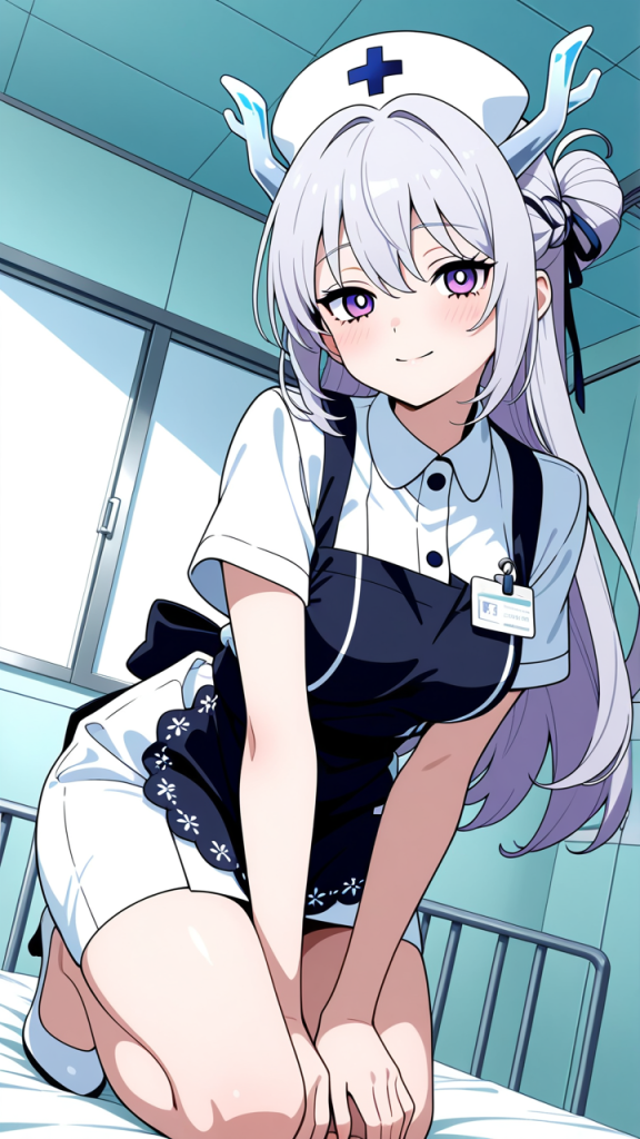 水色ハーフアップ巨乳メイド ナース服_アニメエロ画像 AI エロ画像