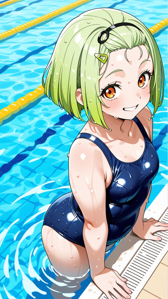 ライム色ボブやや丸み スクール水着_アニメエロ画像 AI エロ画像