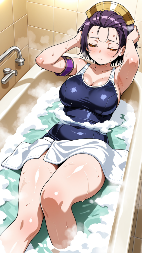 紫髪ショート巨乳むっちり お風呂・入浴_アニメエロ画像 AI エロ画像