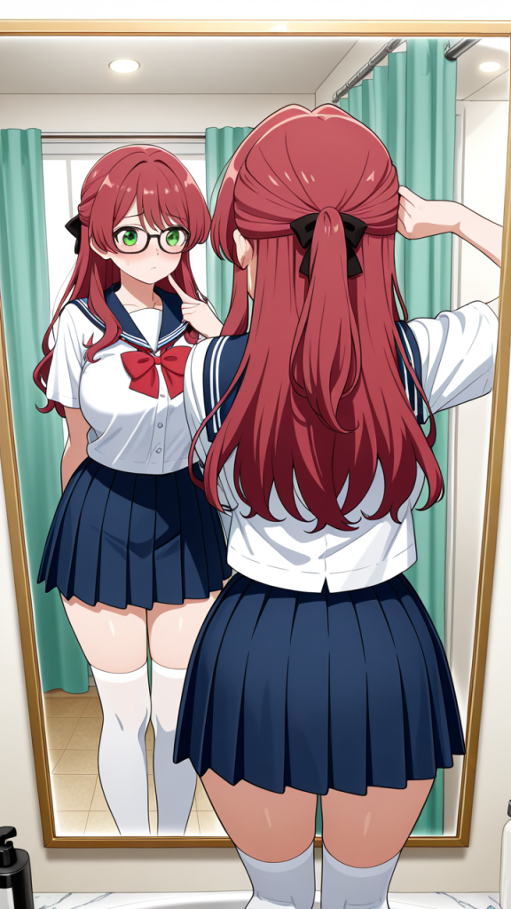 赤髪ハーフアップ巨乳むっちり 鏡越し_アニメエロ画像 AI エロ画像