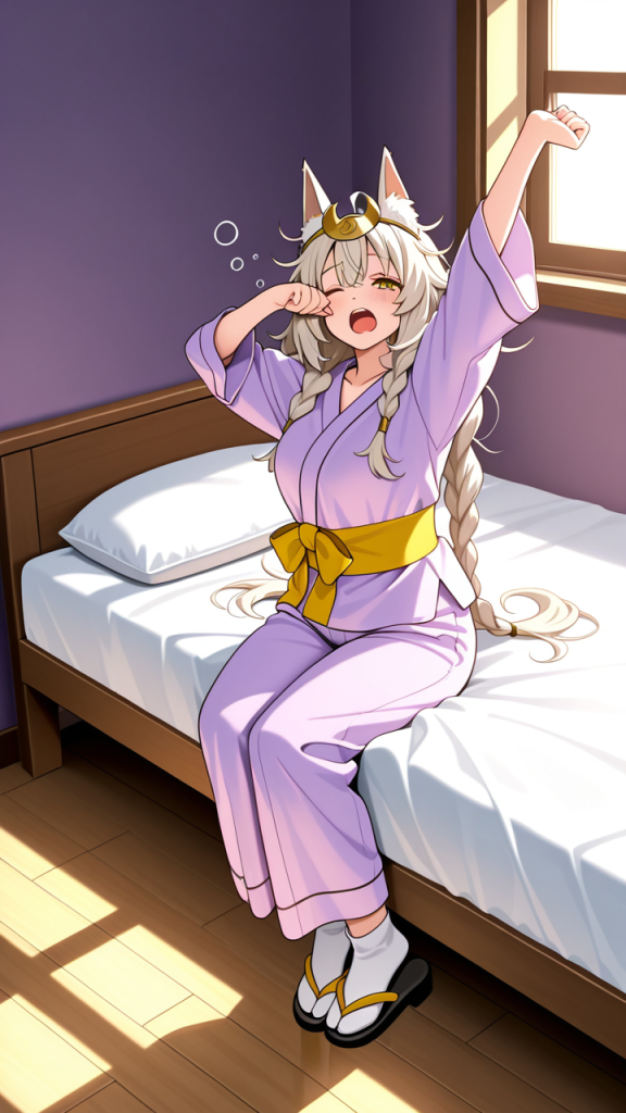 プラチナ髪ツインおさげむっちり 寝起き・パジャマ_アニメエロ画像 AI エロ画像