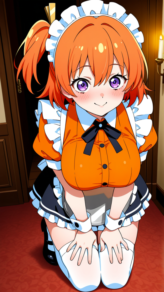 オレンジサイドテール巨乳 メイド服_アニメエロ画像 AI エロ画像