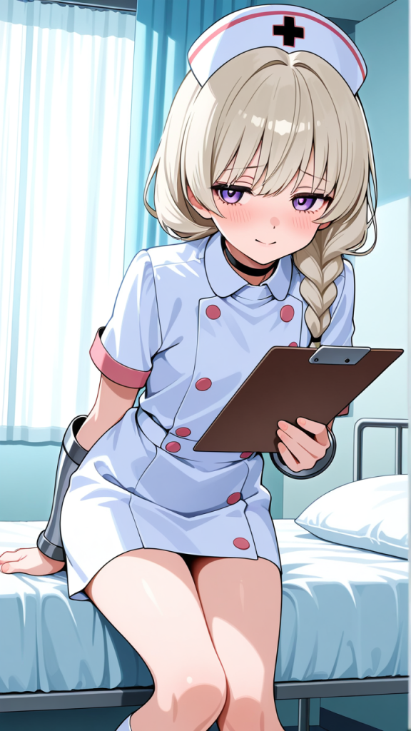 銀髪三つ編み長身貧乳 ナース服_アニメエロ画像 AI エロ画像