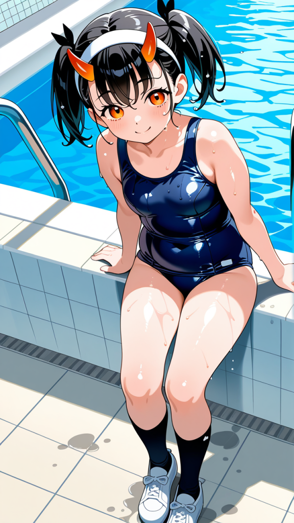 グレーツインテールむっちり スクール水着_アニメエロ画像 AI エロ画像