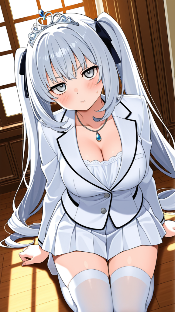 銀髪内巻きセミロング優雅 ニーソ・絶対領域_アニメエロ画像 AI エロ画像
