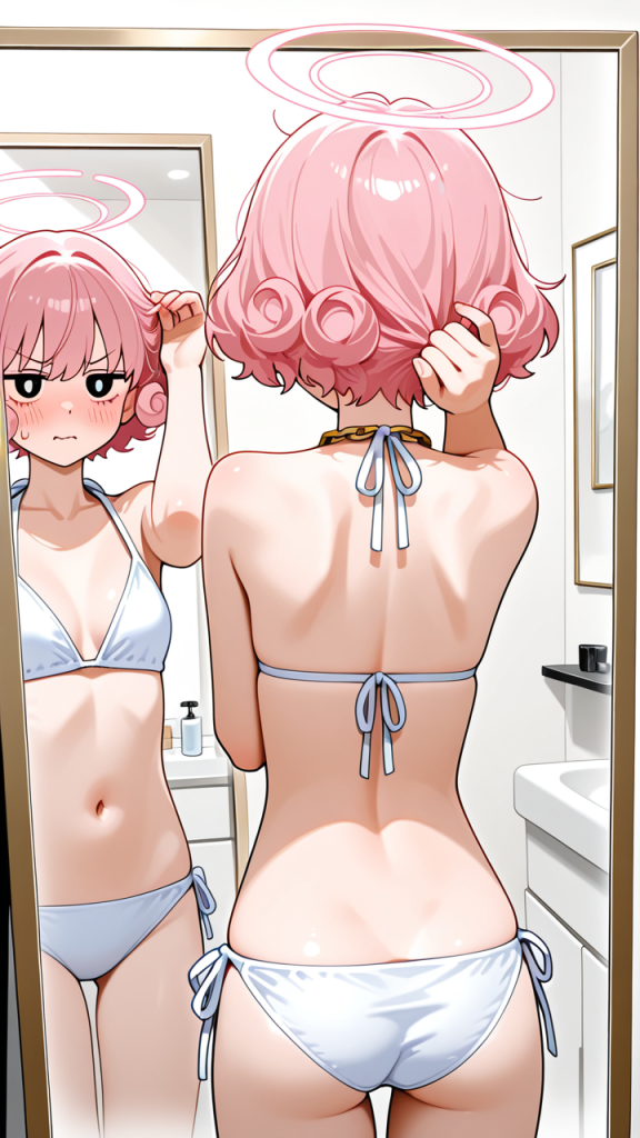 ピンク髪くせ毛ショート細身 鏡越し_アニメエロ画像 AI エロ画像