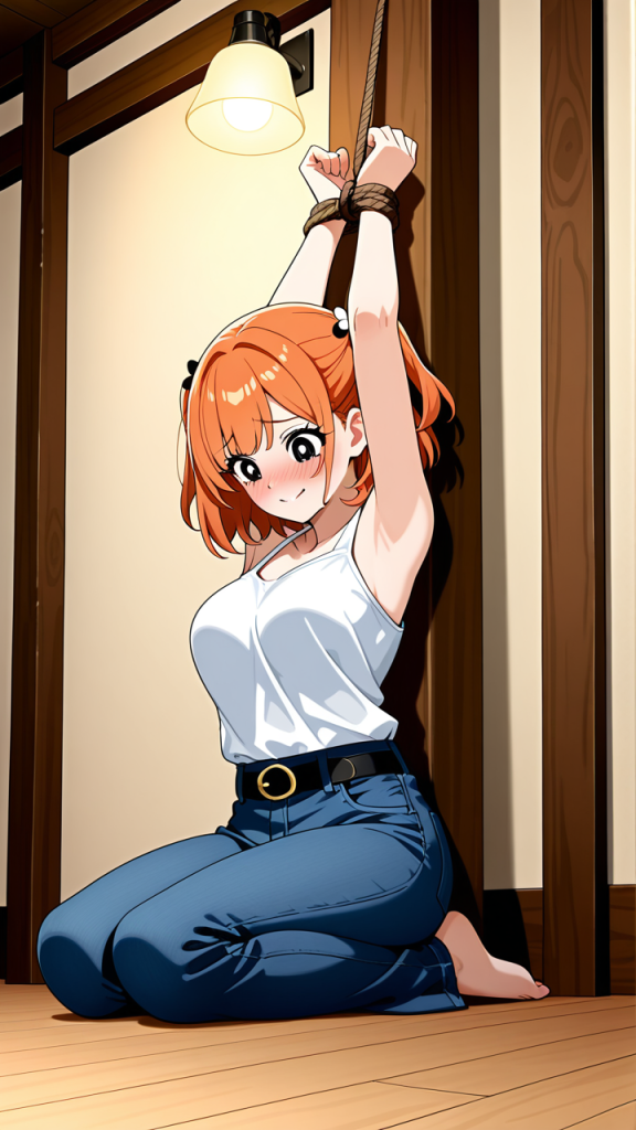 オレンジ髪の普通体型 手縛り・拘束_アニメエロ画像 AI エロ画像