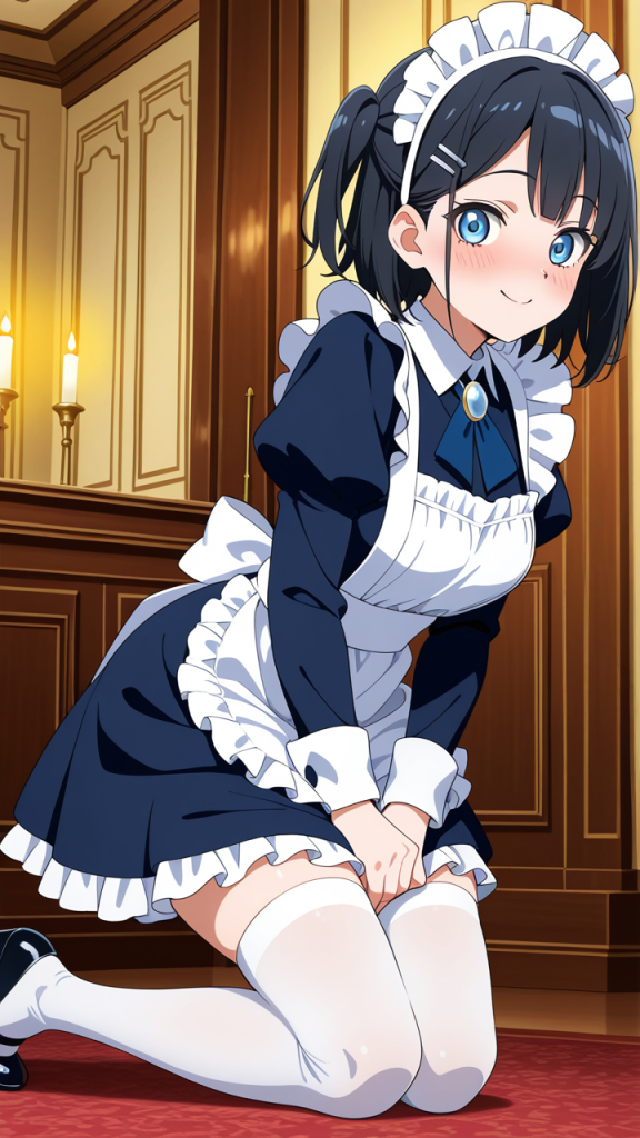 黒髪サイドテール巨乳むっちり メイド服_アニメエロ画像 AI エロ画像