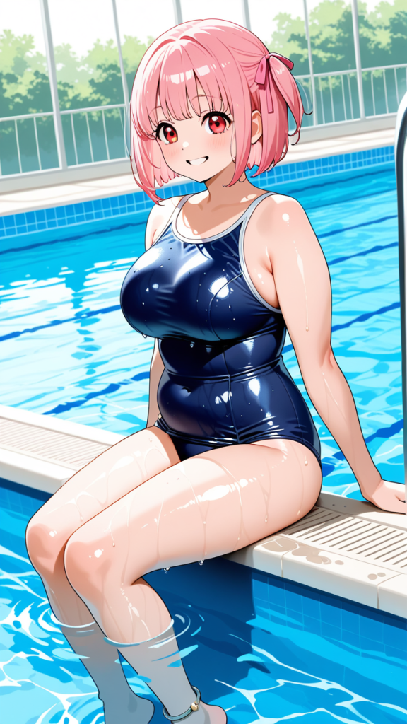 桜色外ハネボブ巨乳むっちり スクール水着_アニメエロ画像 AI エロ画像