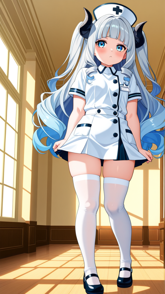 水色セミロングむっちり ニーソ・絶対領域_アニメエロ画像 AI エロ画像