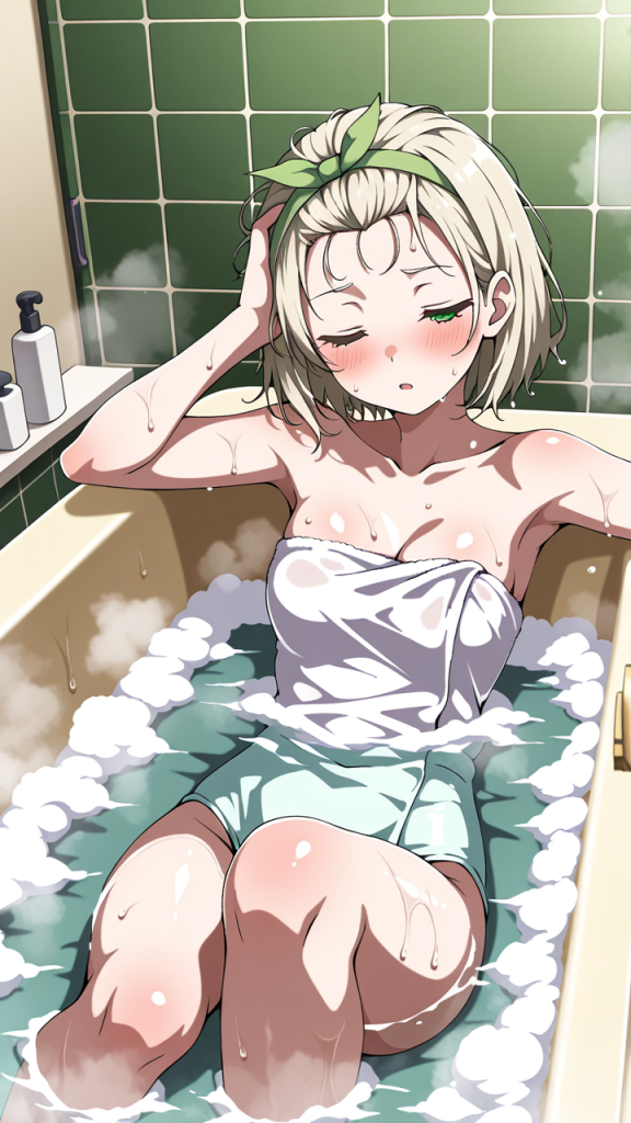 プラチナブロンドボブ細身長身 お風呂・入浴_アニメエロ画像 AI エロ画像