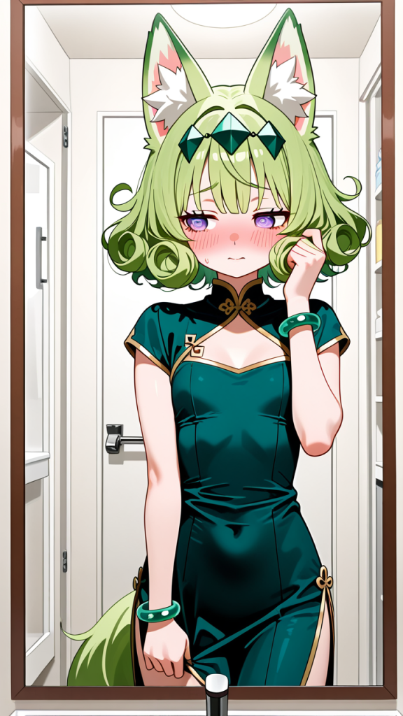 緑髪くせ毛ショート貧乳長身 鏡越し_アニメエロ画像 AI エロ画像