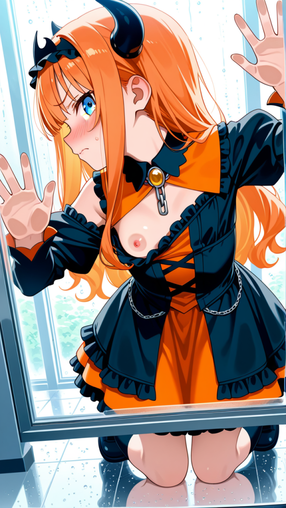オレンジセミロング貧乳小柄 ガラスおっぱい押し付け_アニメエロ画像 AI エロ画像