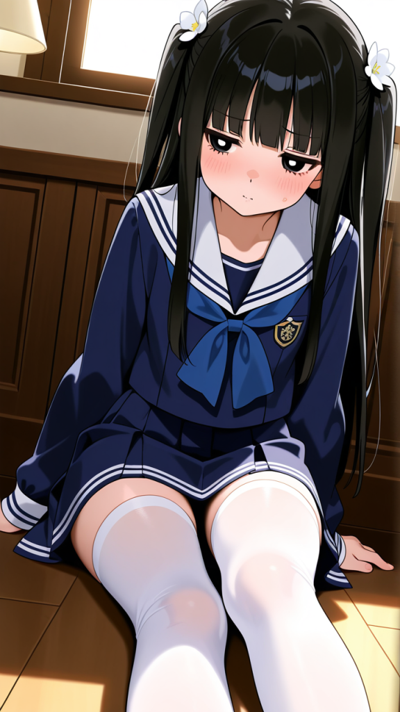 黒髪ロング貧乳小柄 ニーソ・絶対領域_アニメエロ画像 AI エロ画像