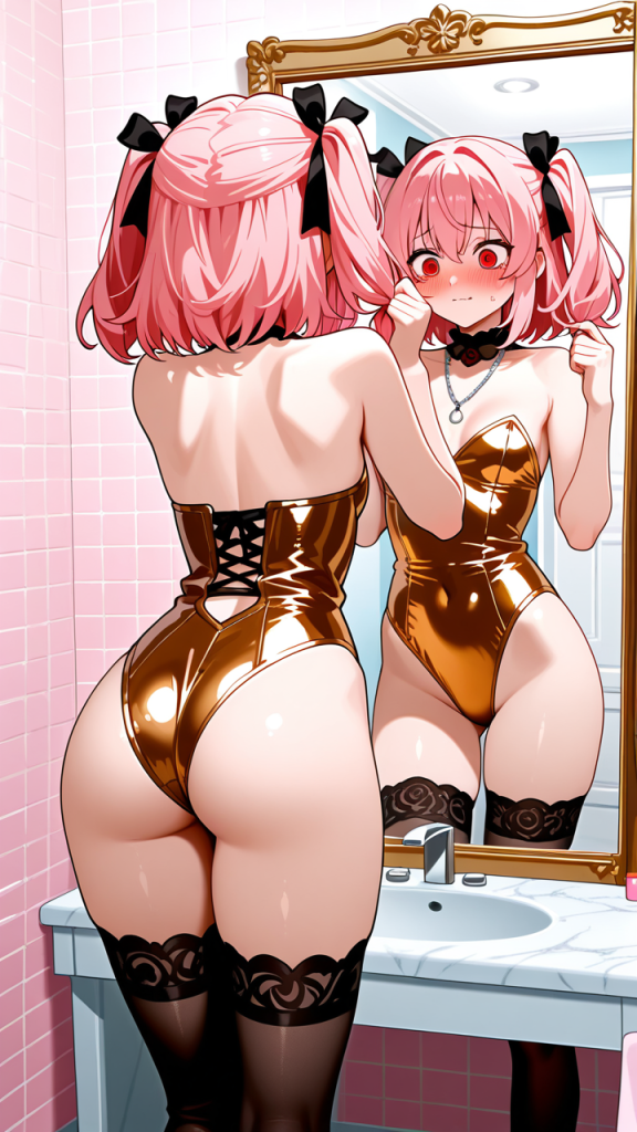 桜色ツインアップ細身長身 鏡越し_アニメエロ画像 AI エロ画像