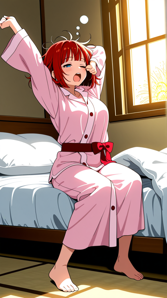 赤髪外ハネボブむっちり 寝起き・パジャマ_アニメエロ画像 AI エロ画像