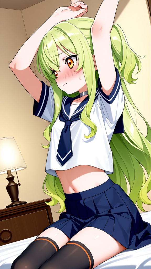 ライム色ウェーブロング巨乳 貧乳・微乳_アニメエロ画像 AI エロ画像
