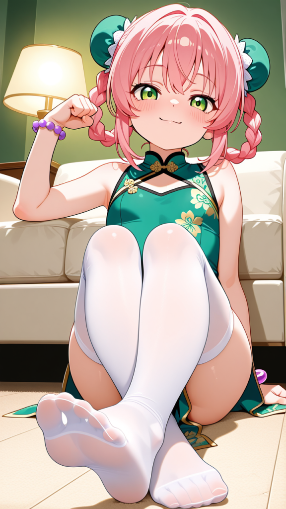 桜色ツインおさげロリ体型 足コキ_アニメエロ画像 AI エロ画像