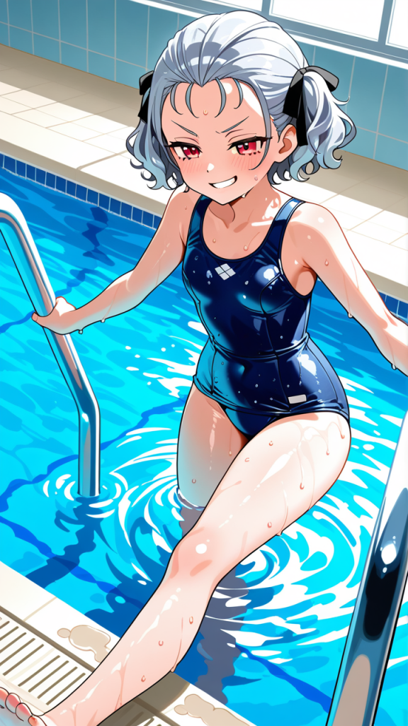 銀髪くせ毛ショートむっちり スクール水着_アニメエロ画像 AI エロ画像