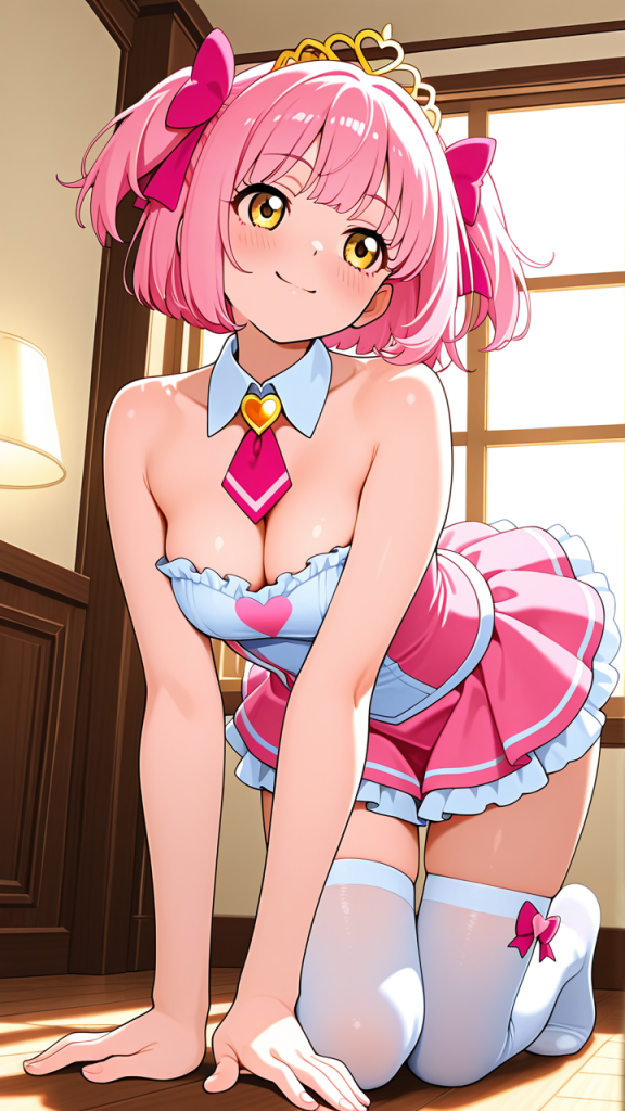 ピンク外ハネボブ巨乳魔法少女 ニーソ・絶対領域_アニメエロ画像 AI エロ画像