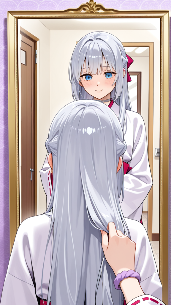 グレーハーフアップ高身長スレン 鏡越し_アニメエロ画像 AI エロ画像