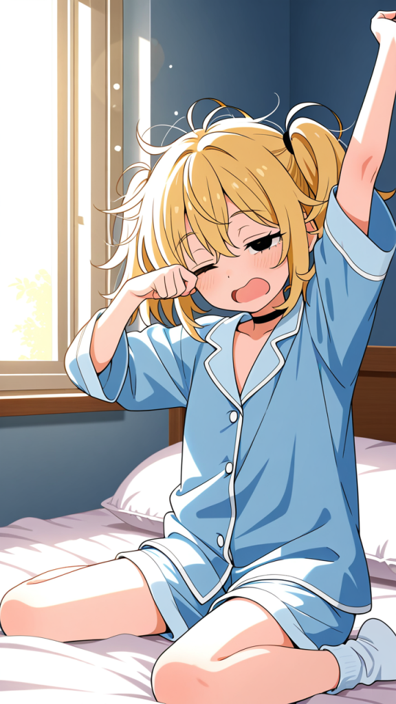 金髪ツインおさげロリ体型 寝起き・パジャマ_アニメエロ画像 AI エロ画像