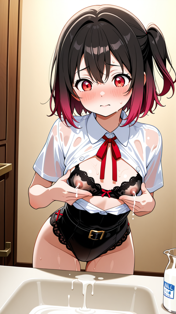 グラデーション金ピンクサイドテ 授乳・母乳_アニメエロ画像 AI エロ画像