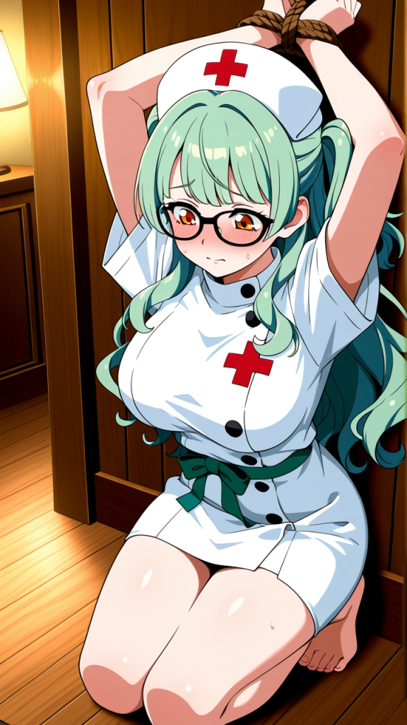 緑髪ウェーブ巨乳ナース 手縛り・拘束_アニメエロ画像 AI エロ画像