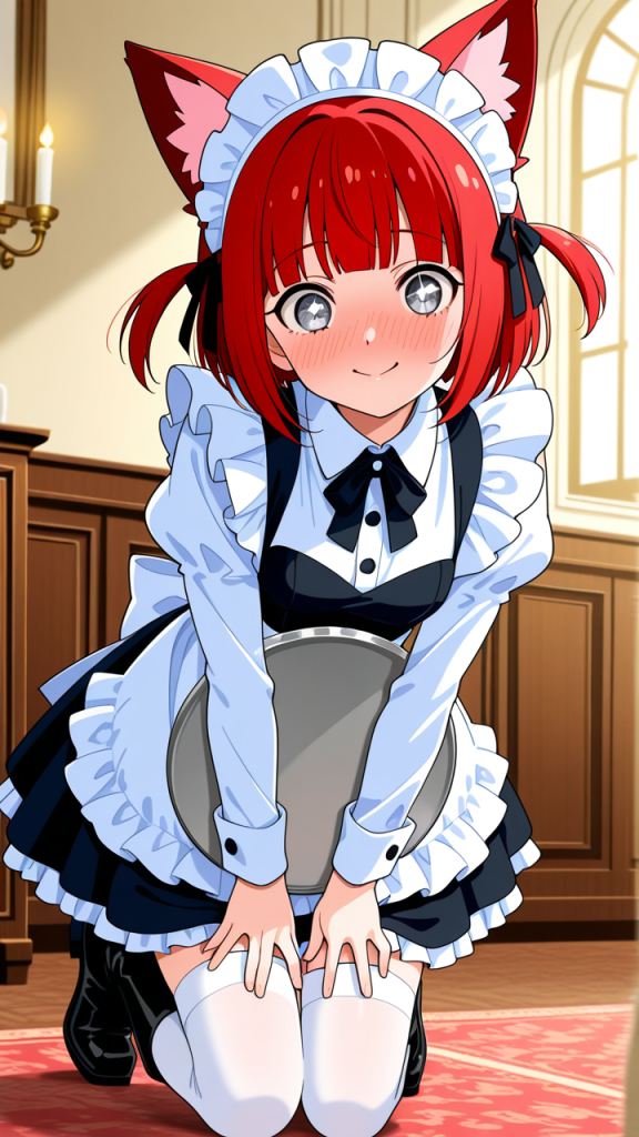 赤髪刈り上げショート長身貧乳 メイド服_アニメエロ画像 AI エロ画像