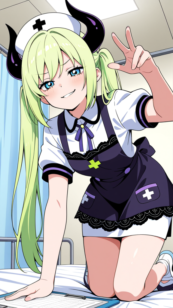 ライム色セミロング背高スレンダ ナース服_アニメエロ画像 AI エロ画像