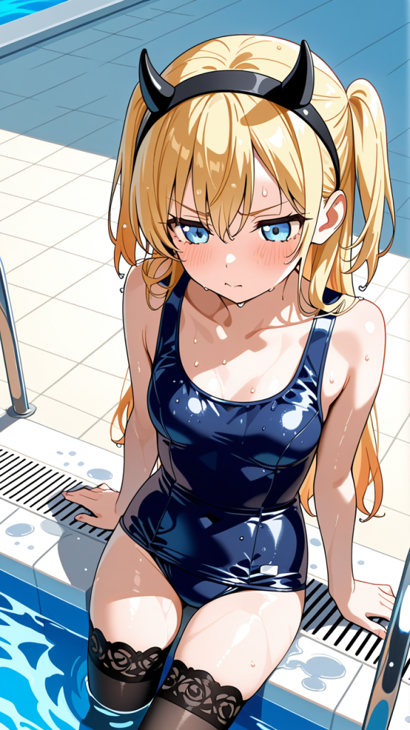 オレンジウェーブロング細身長身 スクール水着_アニメエロ画像 AI エロ画像