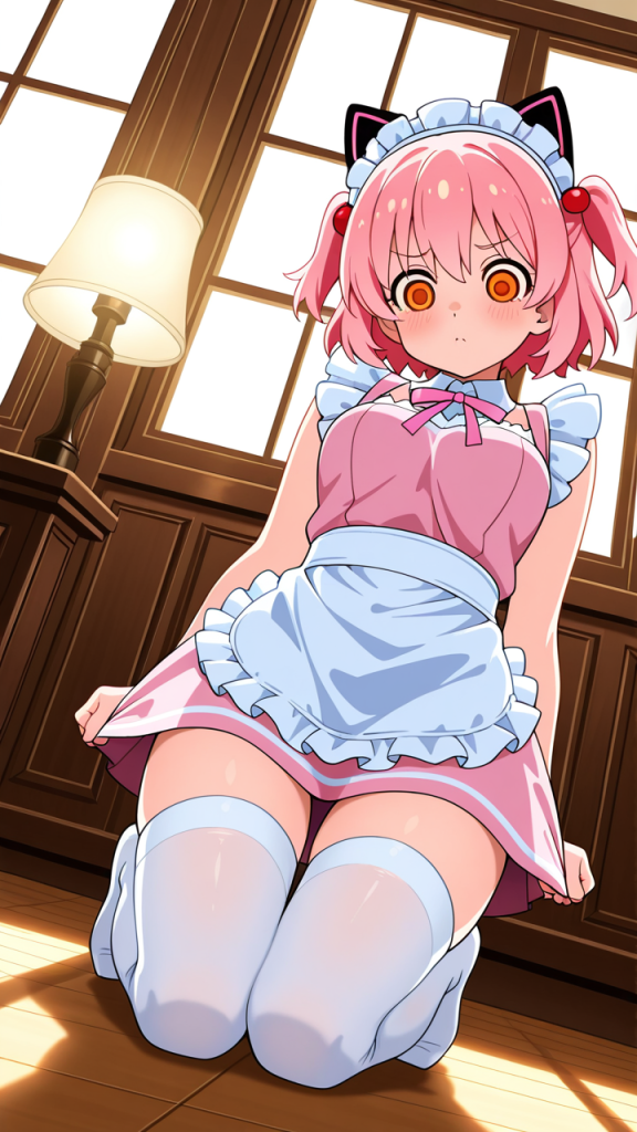 桜色くせ毛ショート巨乳 ニーソ・絶対領域_アニメエロ画像 AI エロ画像