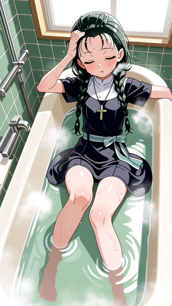 黒髪三つ編みロリ体型 お風呂・入浴_アニメエロ画像 AI エロ画像