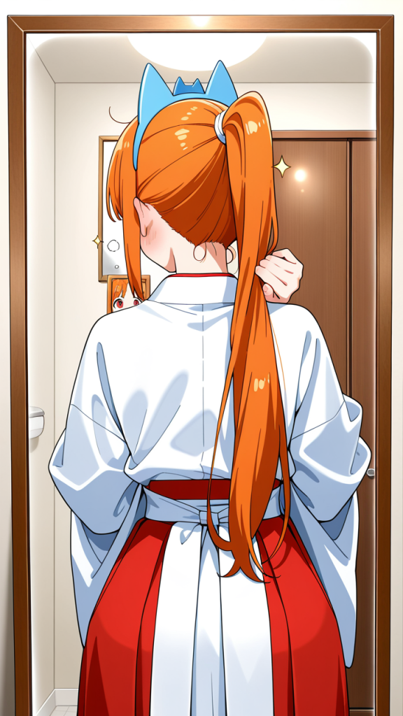 オレンジポニーテールグラマラス 鏡越し_アニメエロ画像 AI エロ画像
