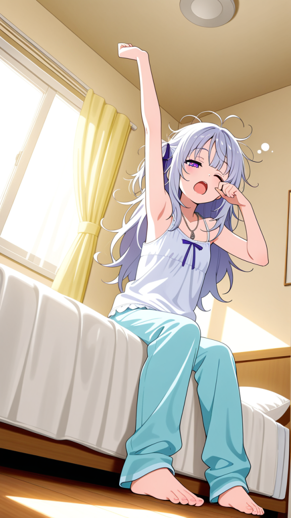 マゼンタロングストレート小柄貧 寝起き・パジャマ_アニメエロ画像 AI エロ画像