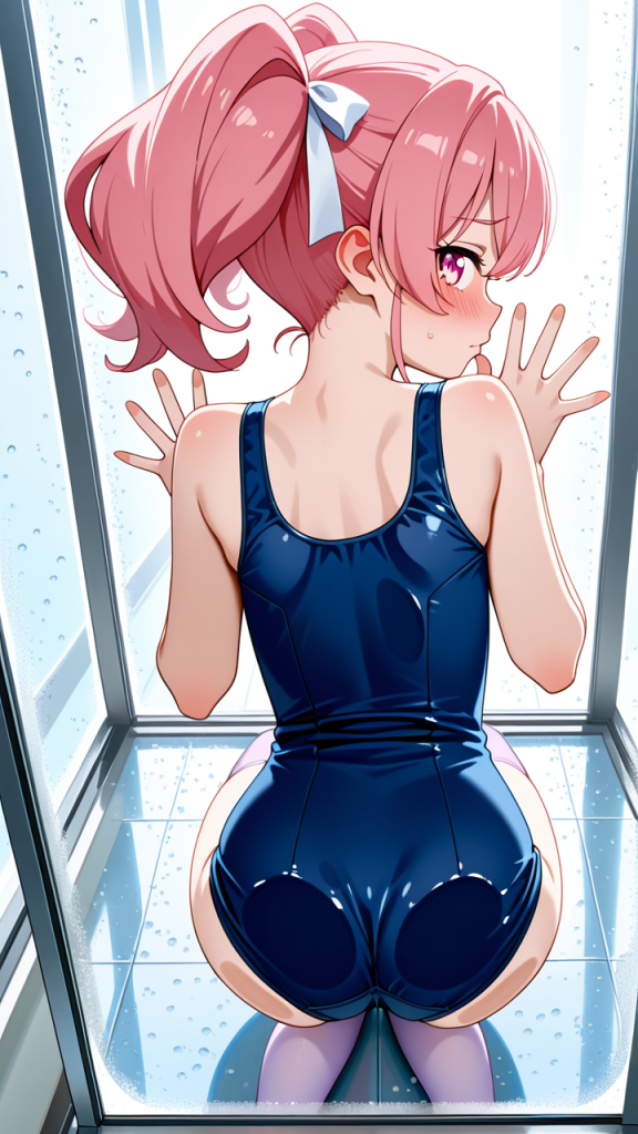 マゼンタロールツイン貧乳長身 ガラスお尻押し付け_アニメエロ画像 AI エロ画像