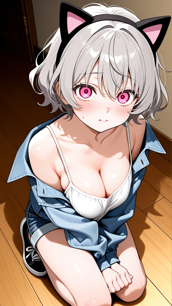 グレー髪くせ毛ショート小柄貧乳 パイズリ_アニメエロ画像 AI エロ画像