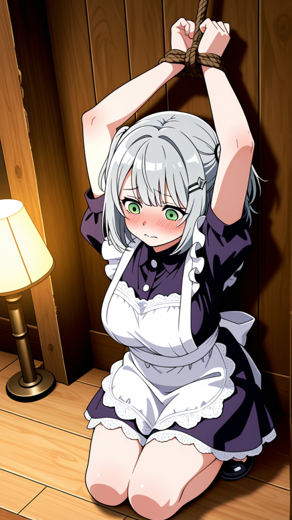 グレー髪三つ編みむっちり 手縛り・拘束_アニメエロ画像 AI エロ画像