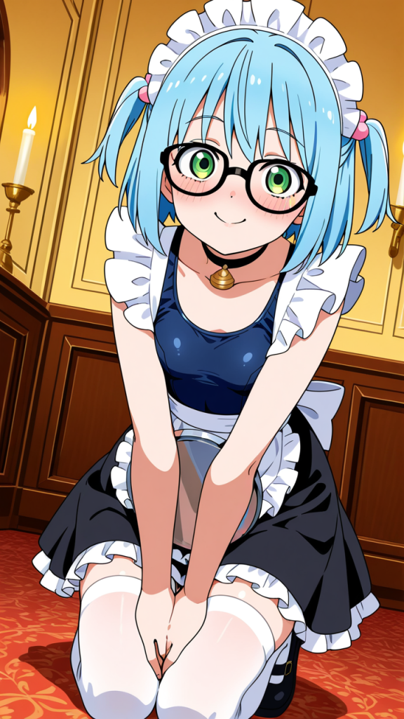 青髪ショート巨乳 メイド服_アニメエロ画像 AI エロ画像