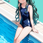 【エロ画像】深緑ウェーブロング貧乳×スクール水着_AI_アニメエロ画像
