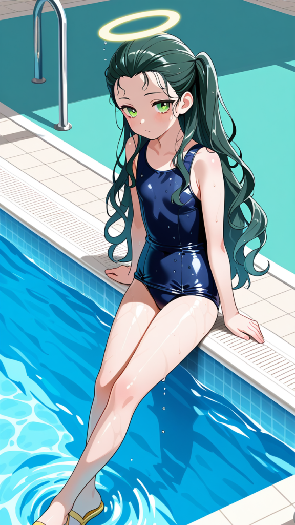 深緑ウェーブロング貧乳 スクール水着_アニメエロ画像 AI エロ画像