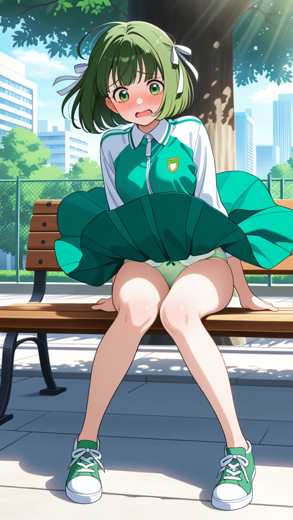 緑髪ボブ巨乳スレンダー 野外露出_アニメエロ画像 AI エロ画像