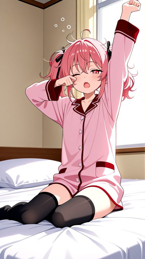 ピンク髪ツインテールむっちり 寝起き・パジャマ_アニメエロ画像 AI エロ画像
