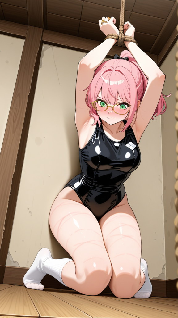 桜色ポニーテールスレンダー 縛り・拘束_アニメエロ画像 AI エロ画像